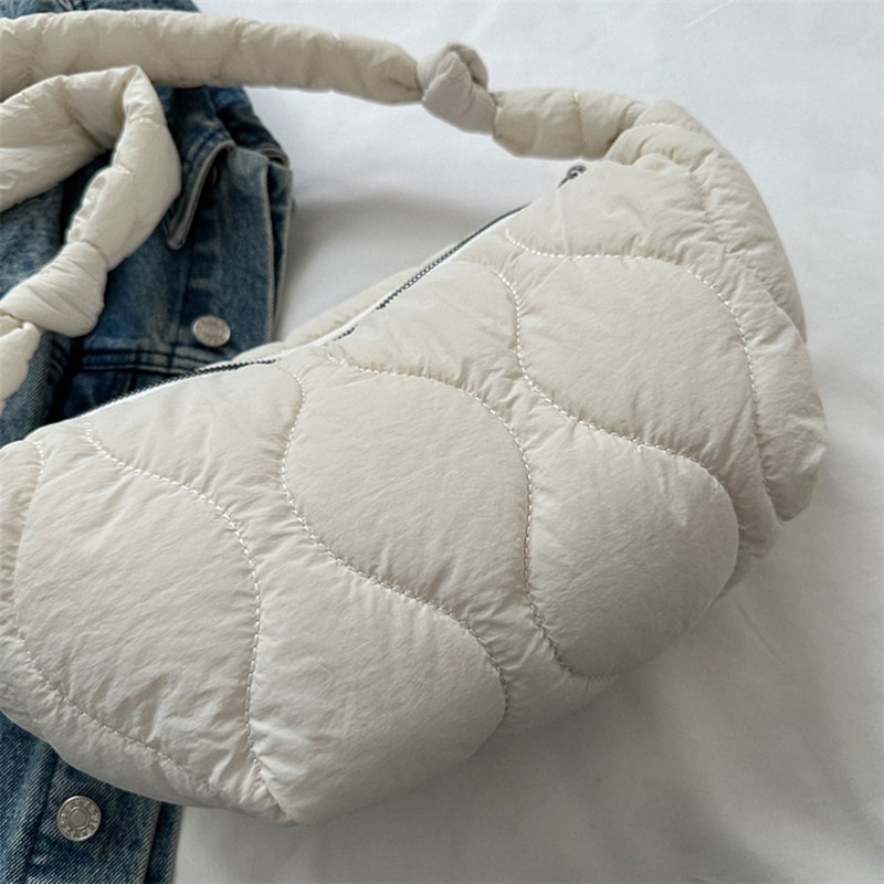 Soft Pillow Shopper Bag, Female Puffer Shoulder Bag, Padded Tote Handbag, Ruched Messenger Bag, Winter Checkered Design