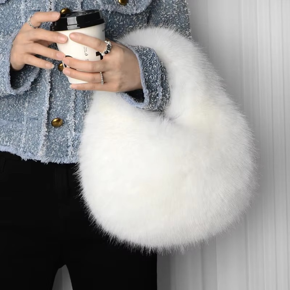 Designer Furry Purse and Handbags, Small Hobo Handle Bags for Women Shoulder Bags, Fashionable Cute Female Plush Bag
