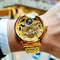 Luxury Brand Gold Moon Phase Automatic Watch for Men, Skeleton Tourbillon, Luminous Hands, Mechanical Steel Strap