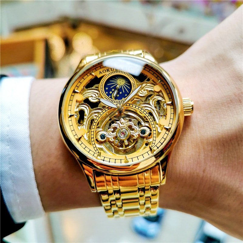 Luxury Brand Gold Moon Phase Automatic Watch for Men, Skeleton Tourbillon, Luminous Hands, Mechanical Steel Strap