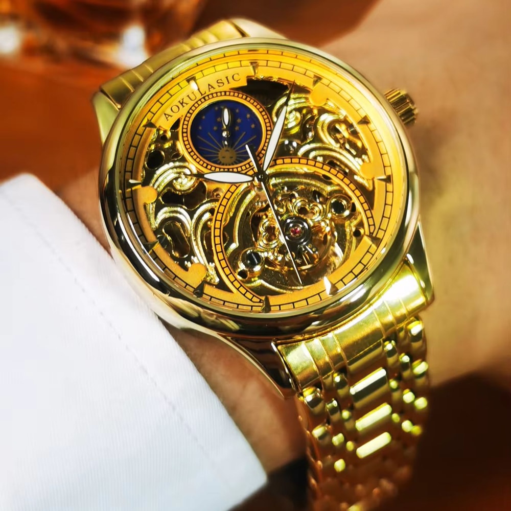 Luxury Brand Gold Moon Phase Automatic Watch for Men, Skeleton Tourbillon, Luminous Hands, Mechanical Steel Strap