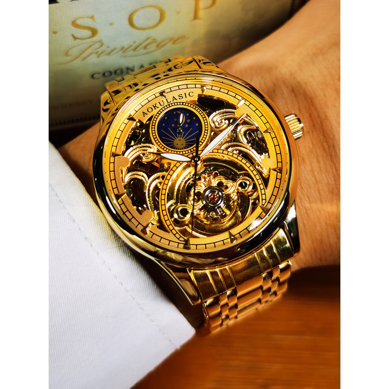 Luxury Brand Gold Moon Phase Automatic Watch for Men, Skeleton Tourbillon, Luminous Hands, Mechanical Steel Strap