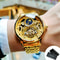 Luxury Brand Gold Moon Phase Automatic Watch for Men, Skeleton Tourbillon, Luminous Hands, Mechanical Steel Strap