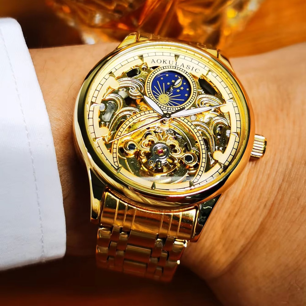 Luxury Brand Gold Moon Phase Automatic Watch for Men, Skeleton Tourbillon, Luminous Hands, Mechanical Steel Strap