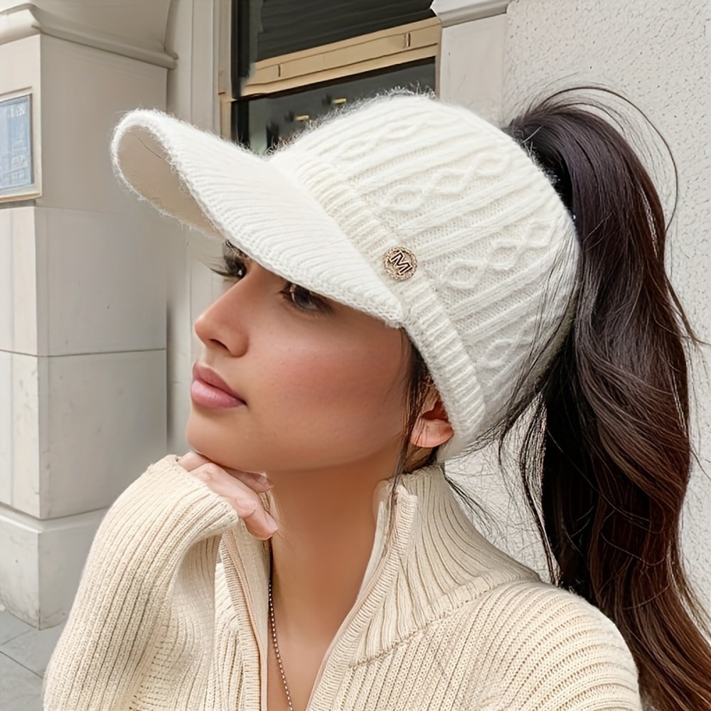 Autumn And Winter Elastic Baseball Cap Thick Lined Knitted Sun Hat For Women Ear Protection 2