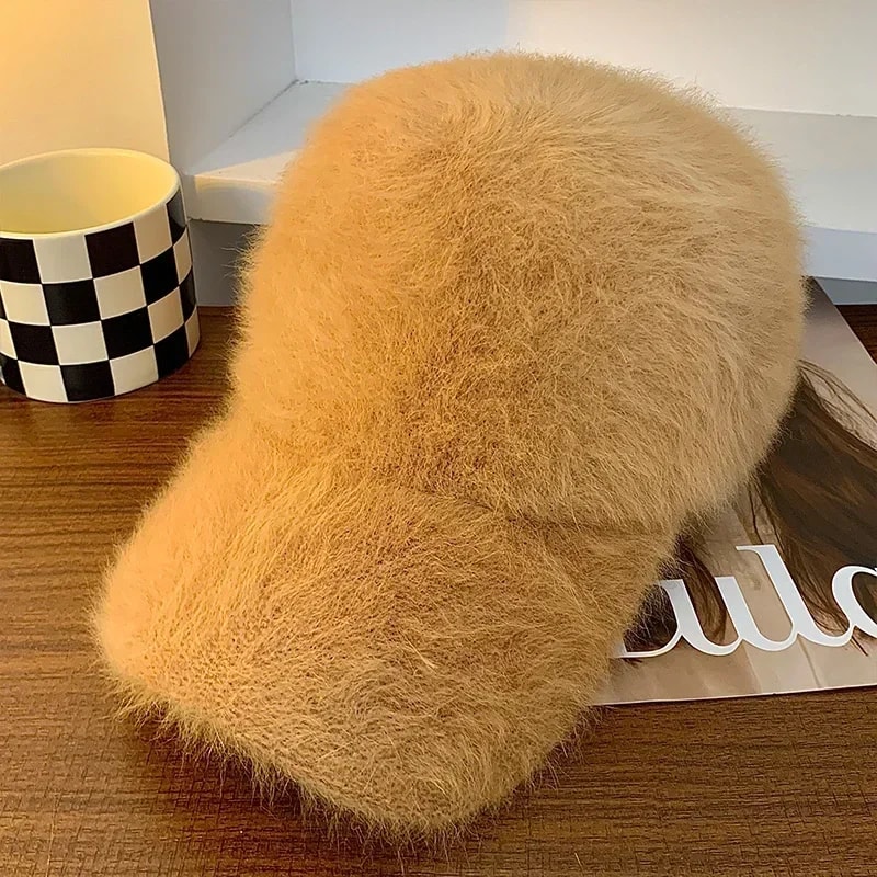 Korean Warm Rabbit Hair Baseball Cap Women Autumn Winter Solid Color Plush Duck Bill Hat 9