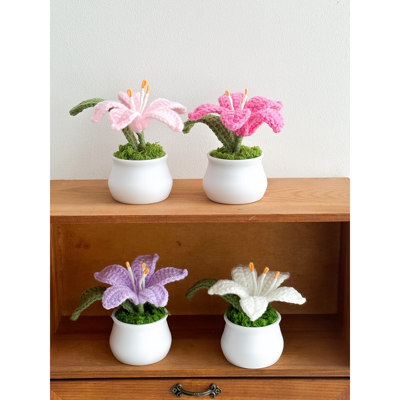 Delicate Crochet Woven Flowers Pot HandKnitted Lily Potted Gift For Mother Day 1