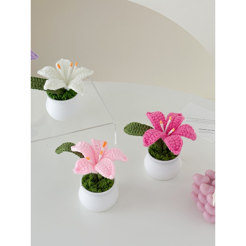 Delicate Crochet Woven Flowers Pot HandKnitted Lily Potted Gift For Mother Day 4