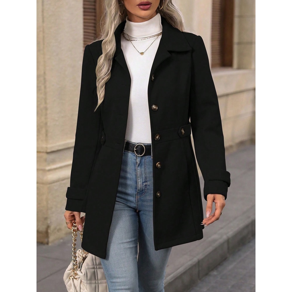 Loose-Fit Mid-Length Wool Blazer with Notched Lapel for Women