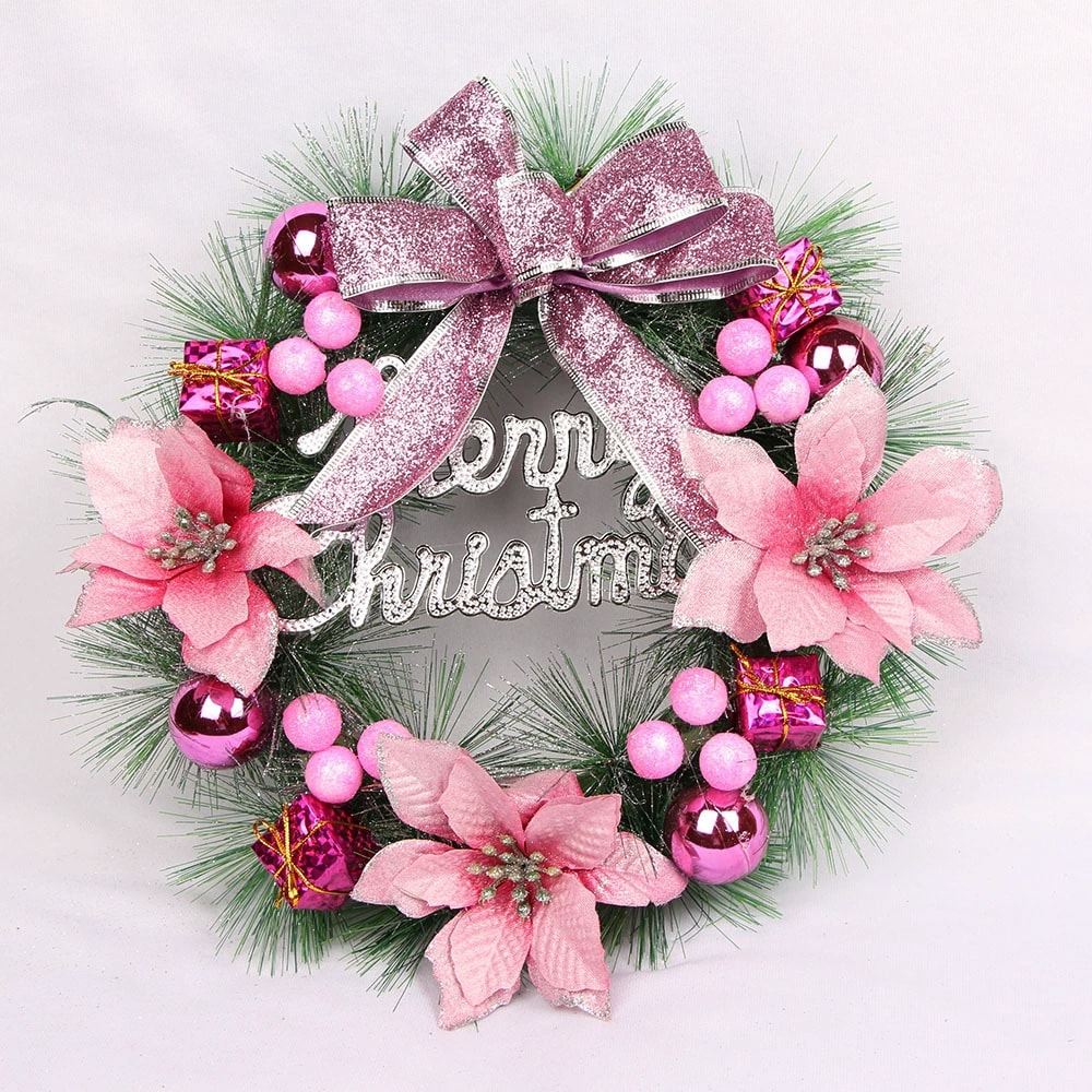 Pink Artificial Christmas Pine Wreath Pendant for Home, Party and Window Decoration