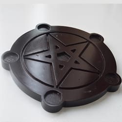 wooden pentagram candlestick holders, pentacle ritual plate, altar candle holders for wicca ceremony