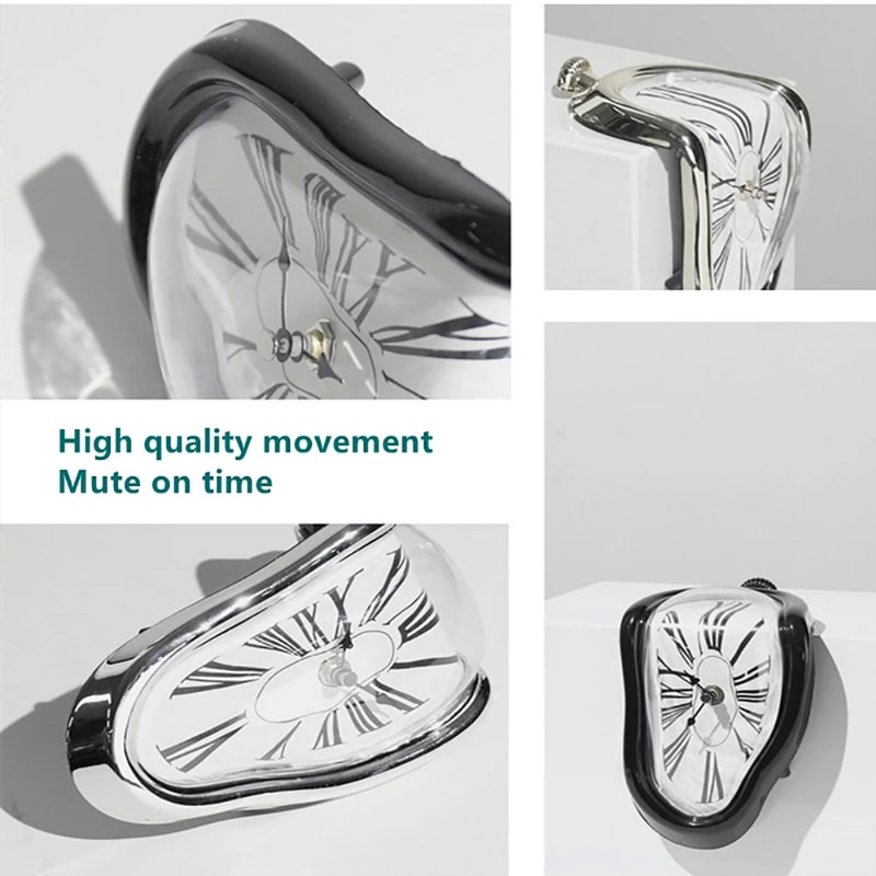 Creative Melting Right-angle Silent Clock, Vintage Silver Twisted Melting Clock for Office or Home Decor