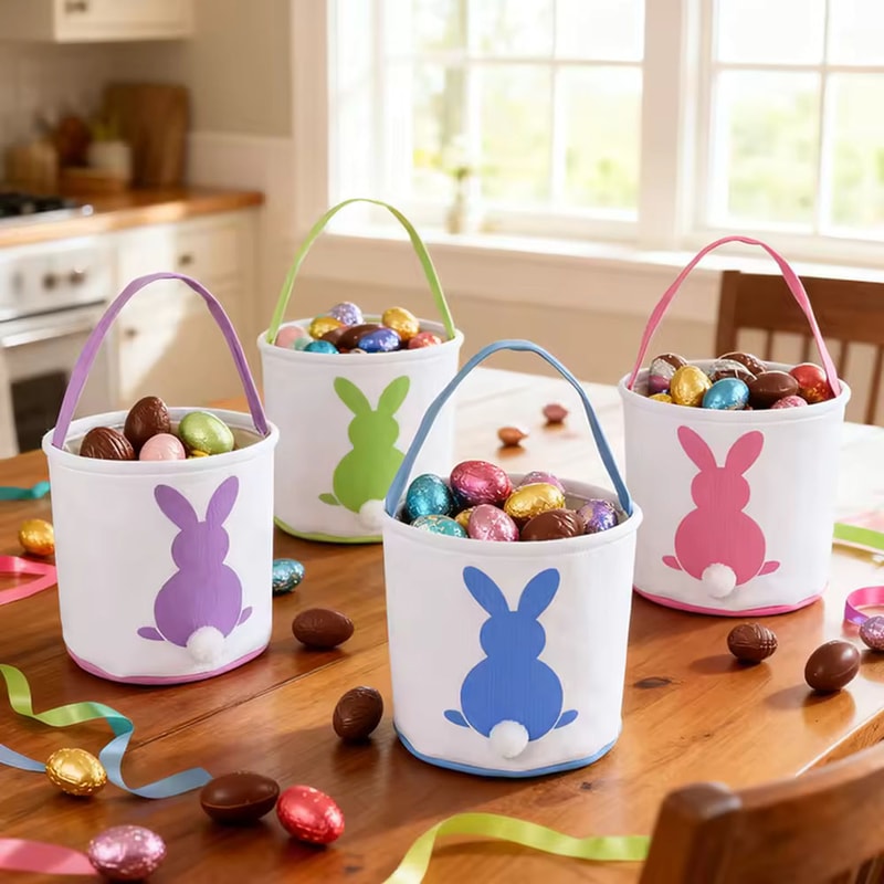 Rabbit Basket Canvas, Baby Easter Bunny Buckets Bag, Kids Festival Gift, Party Tote Decoration Handbag