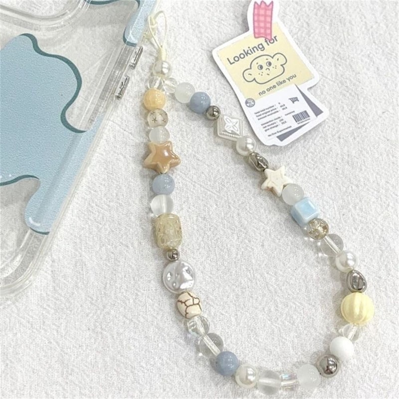 Handmade Mobile Lanyard Jewelry Gift, Star Pearl Beaded Phone Chain Hanging Cord, Summer Phone Charms Strap