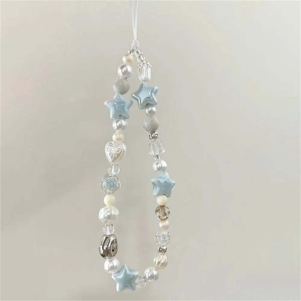 Handmade Mobile Lanyard Jewelry Gift, Star Pearl Beaded Phone Chain Hanging Cord, Summer Phone Charms Strap