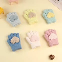knitted baby gloves, cute cartoon full fingers mittens, warm, fluffy bow outdoor gloves