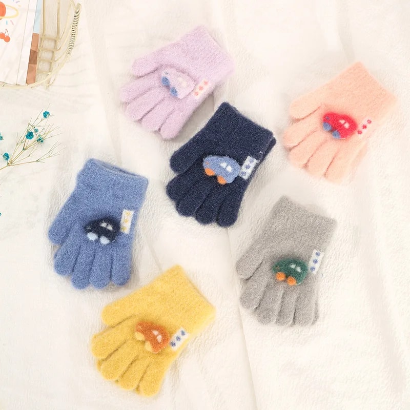 Knitted Baby Gloves Cute Cartoon Full Fingers Mittens Warm Fluffy Bow Outdoor Gloves 1