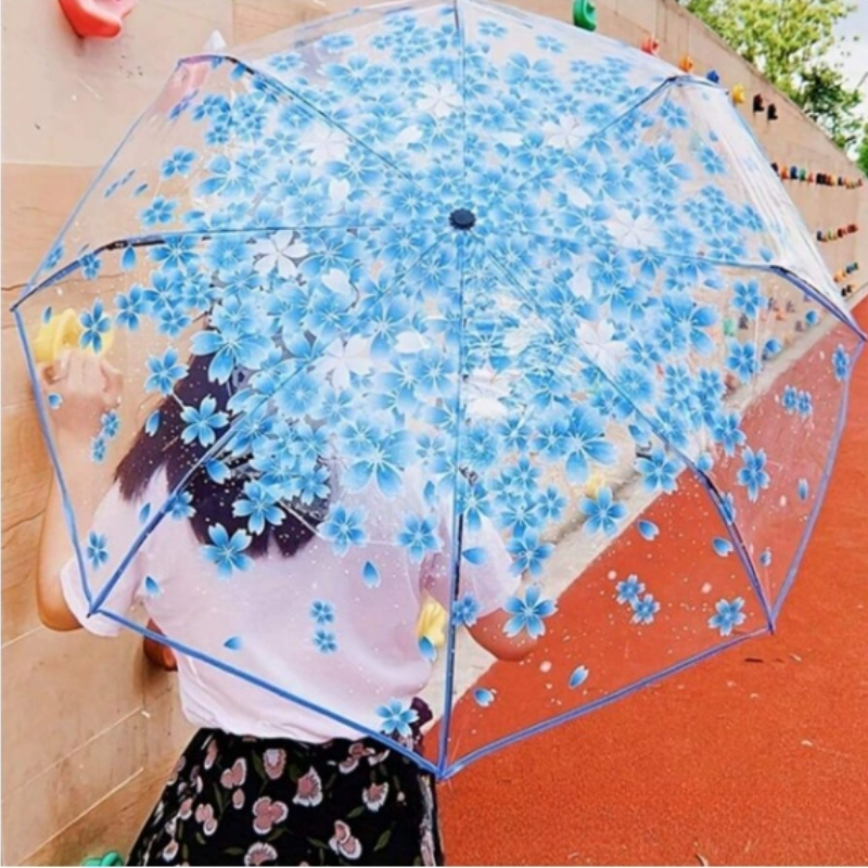 Durable 3-Fold Girls Travel Umbrella, Fashionable Sakura Fresh Transparent Petal, Fully Automatic 8 Bones
