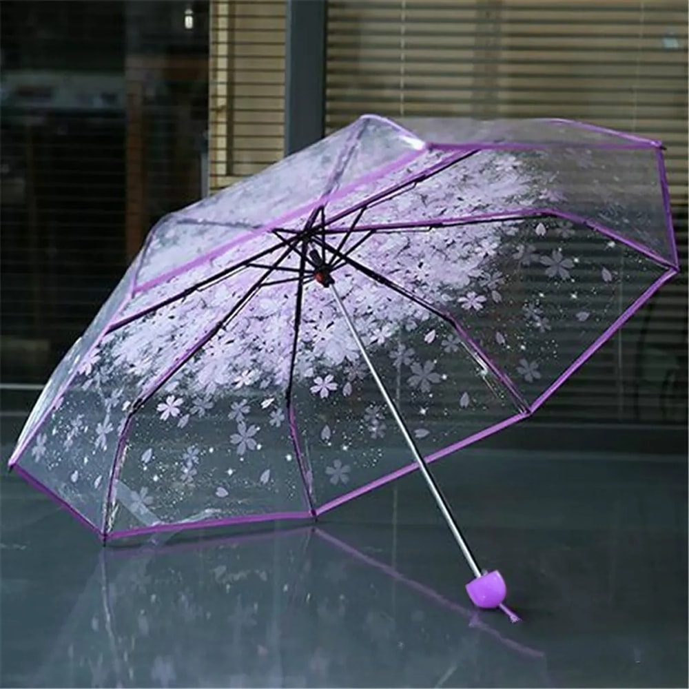 Durable 3-Fold Girls Travel Umbrella, Fashionable Sakura Fresh Transparent Petal, Fully Automatic 8 Bones