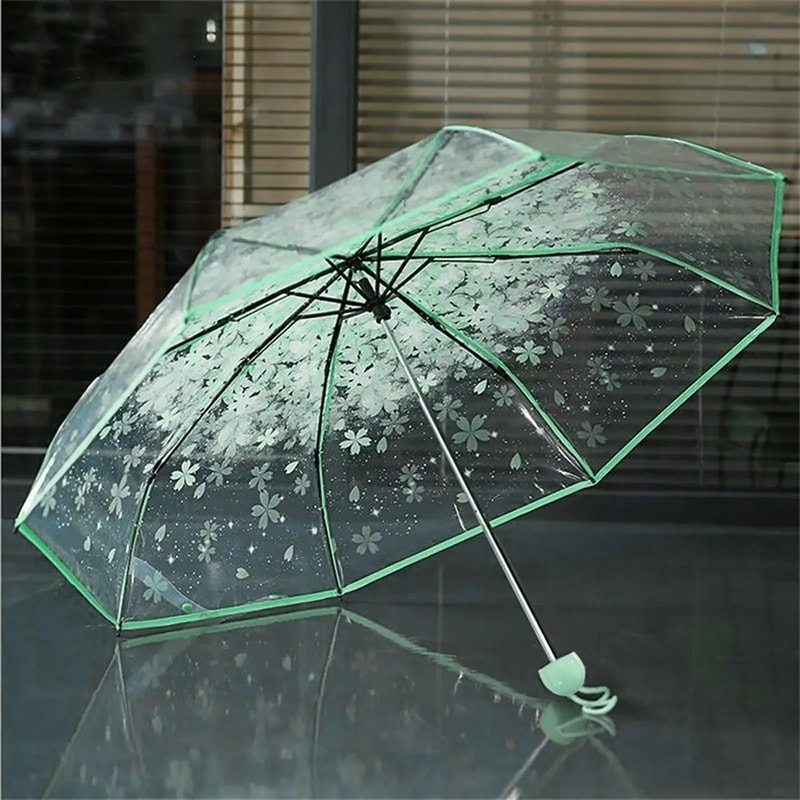 Durable 3-Fold Girls Travel Umbrella, Fashionable Sakura Fresh Transparent Petal, Fully Automatic 8 Bones