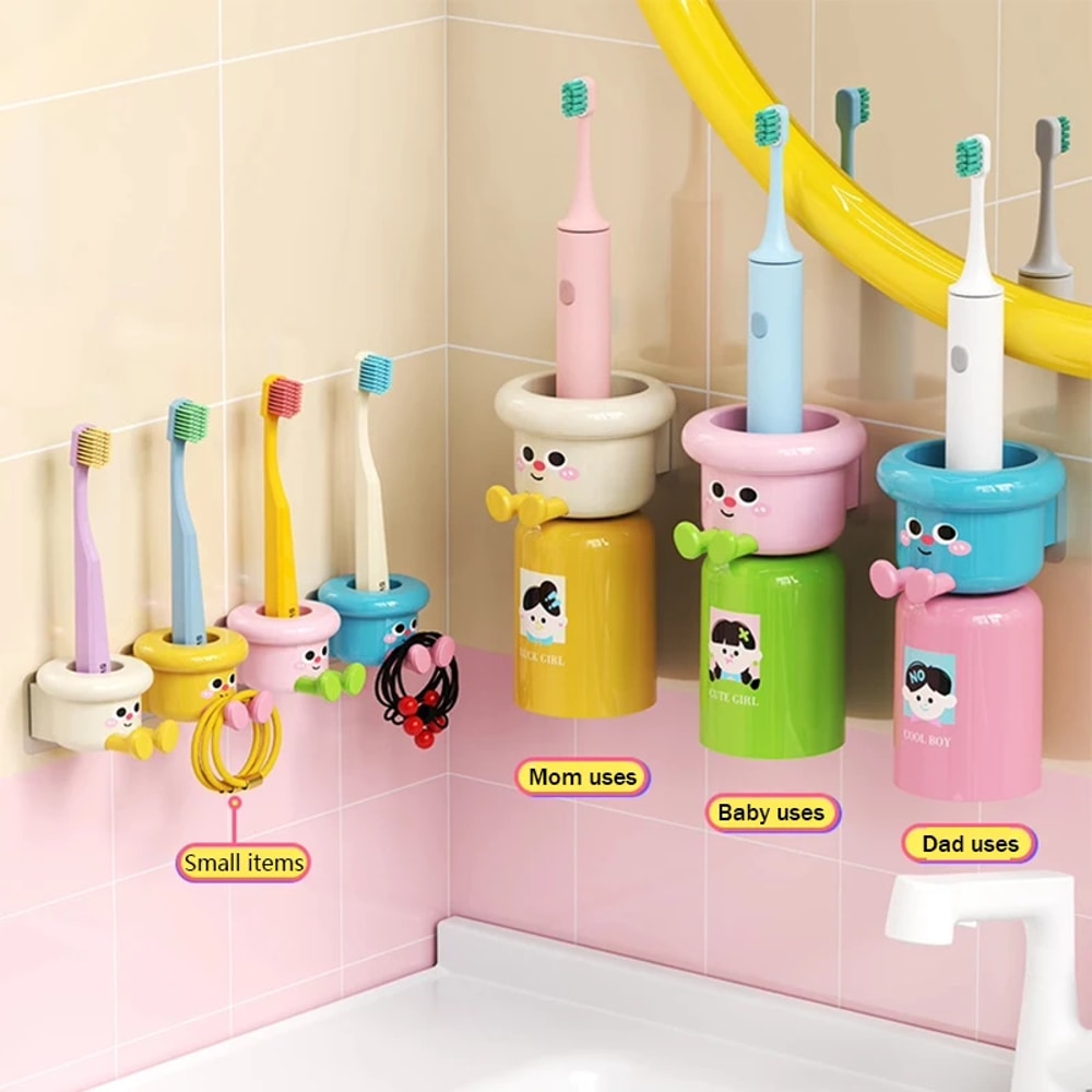 2 In 1 Gargle Cup Cute Kids Creative Toothbrush Holder Household No Punching Organizer Rack With Cu 3