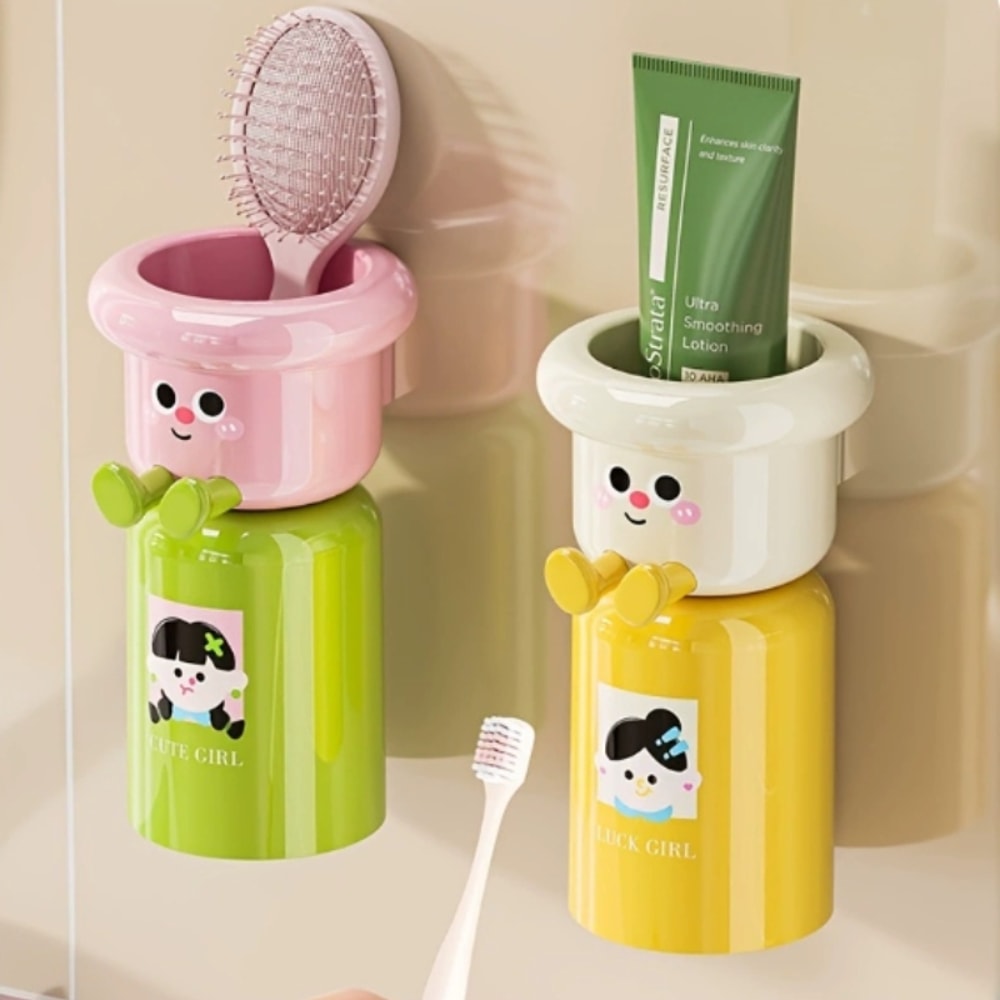 2 In 1 Gargle Cup Cute Kids Creative Toothbrush Holder Household No Punching Organizer Rack With Cu 5