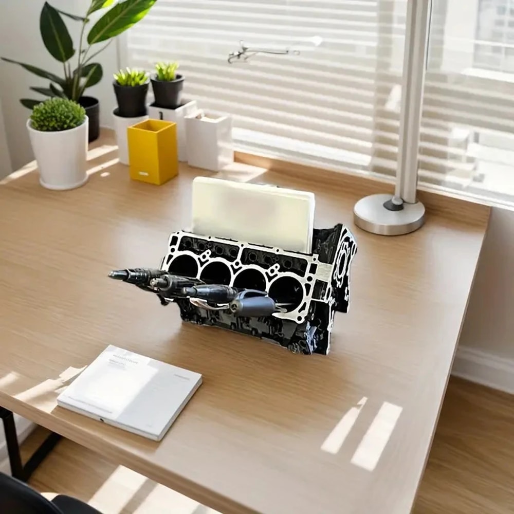 Business Card Pen Holder Creative Engine Block Desk Organizer Resin Construction Gift For Car Lover 3