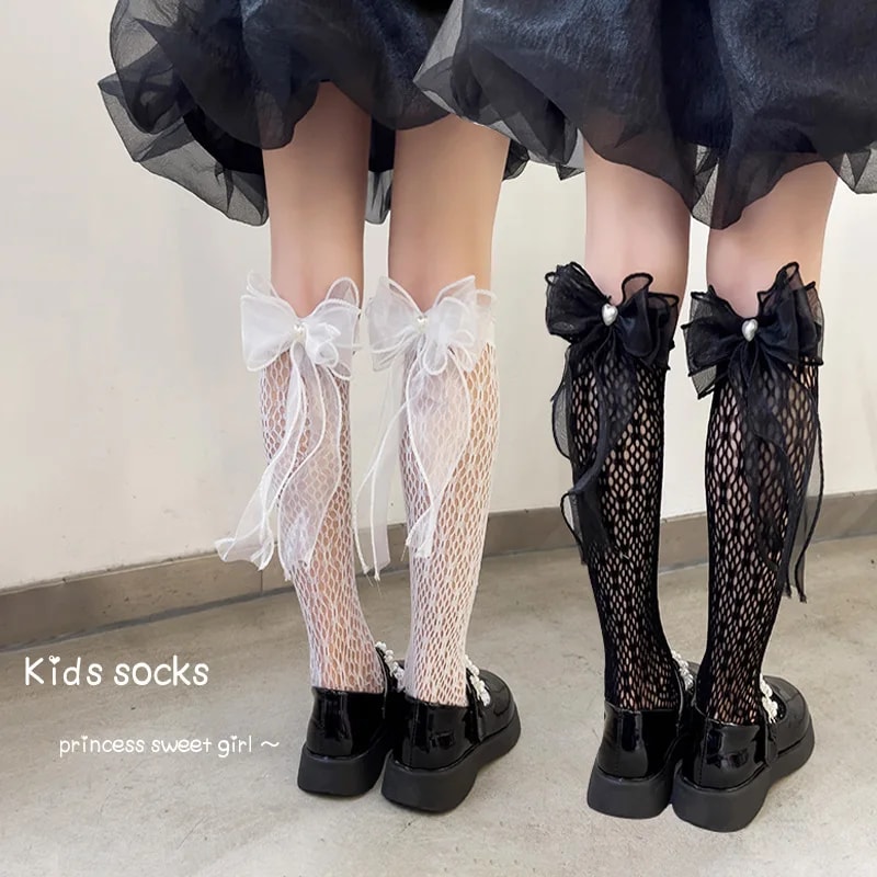 Four Season Girls Bow Calf Socks Breathable Mesh High Tube Socks Lolita Japanese Style 3