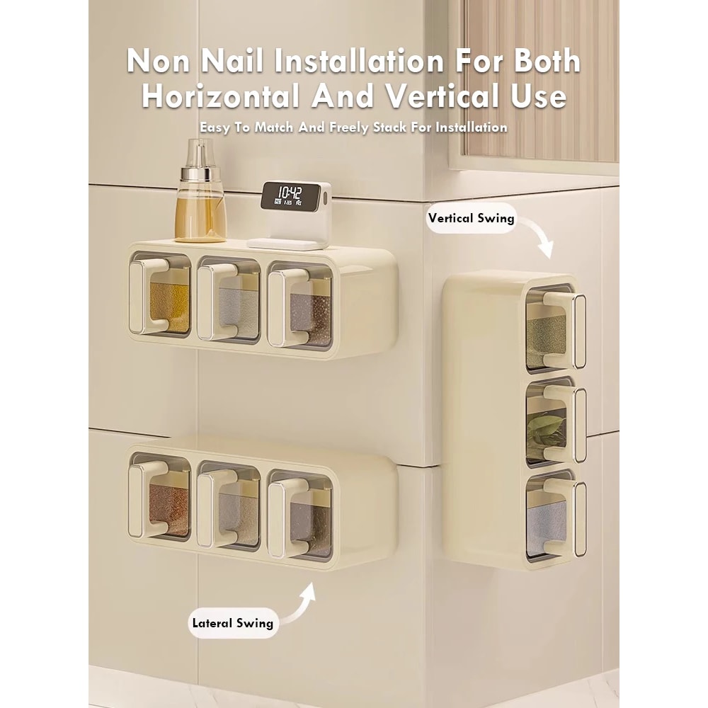 Wall Mounted Kitchen Spice Storage Box Moistureproof Seasoning Jar With Spoon Clear Seal Box Set 2