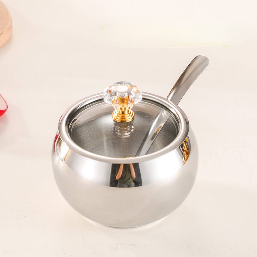Stainless Steel Sugar Bowl With Lid Spoon Gold And Silver Household Kitchen Condiment Pots Spice S 3