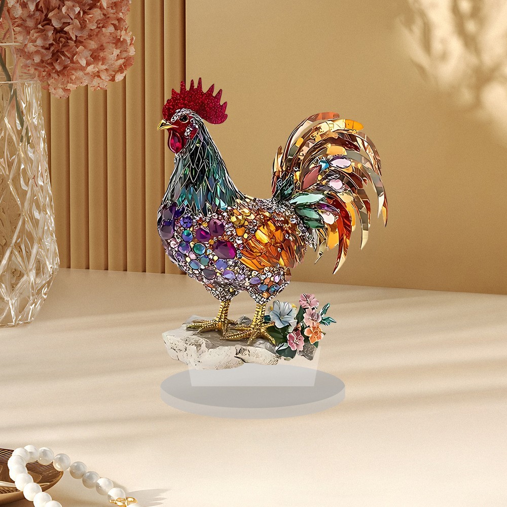 Colorful Rooster Mascot Statue, 2D Flat Acrylic Home Bookshelf Decor, Office Desktop Decoration Friend Gifts