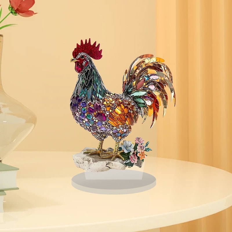 Colorful Rooster Mascot Statue, 2D Flat Acrylic Home Bookshelf Decor, Office Desktop Decoration Friend Gifts