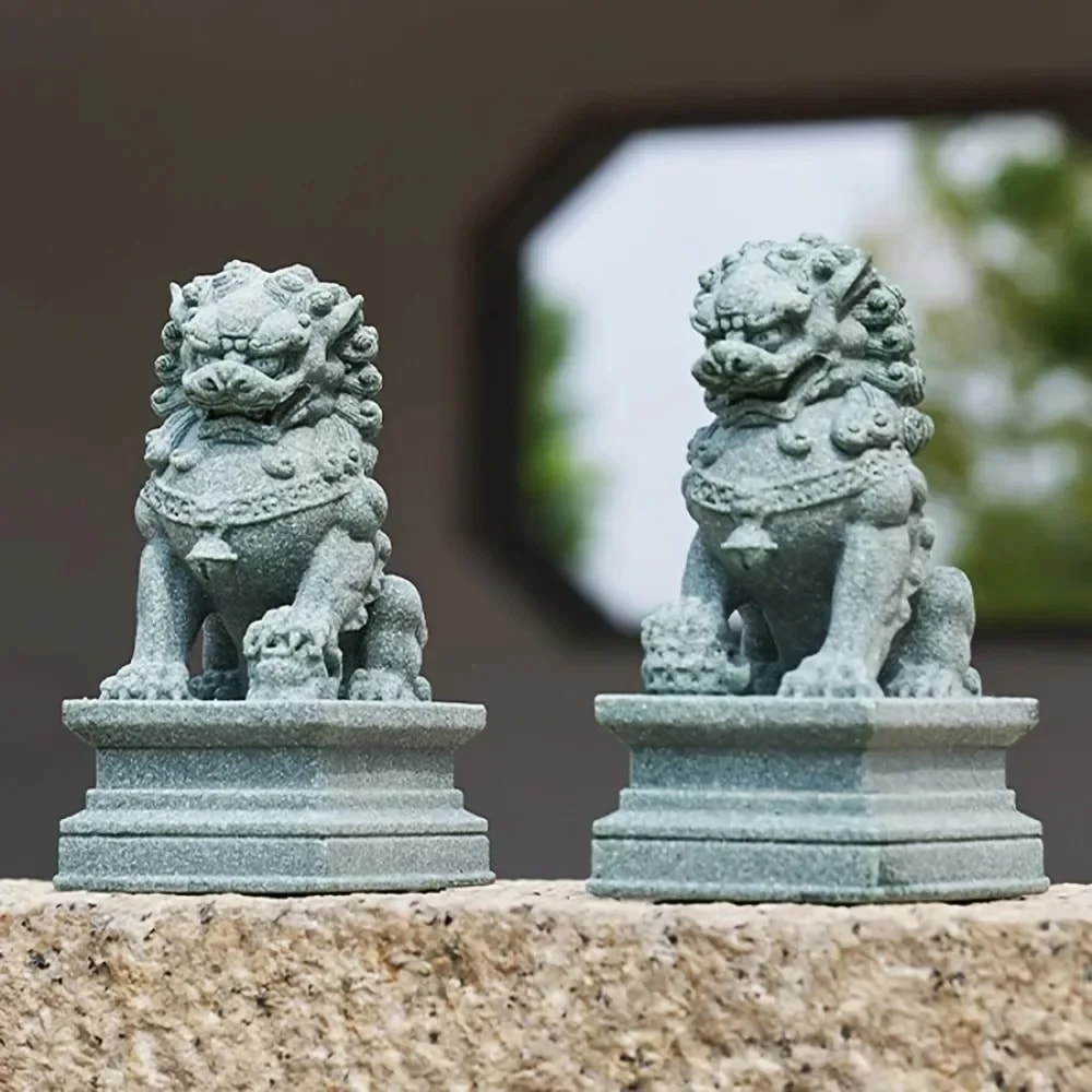 A Pair Of Lucky And Wealthy Stone Carvings Of Lions Chinese Feng Shui Qilin Ornaments Desktop Masco 3