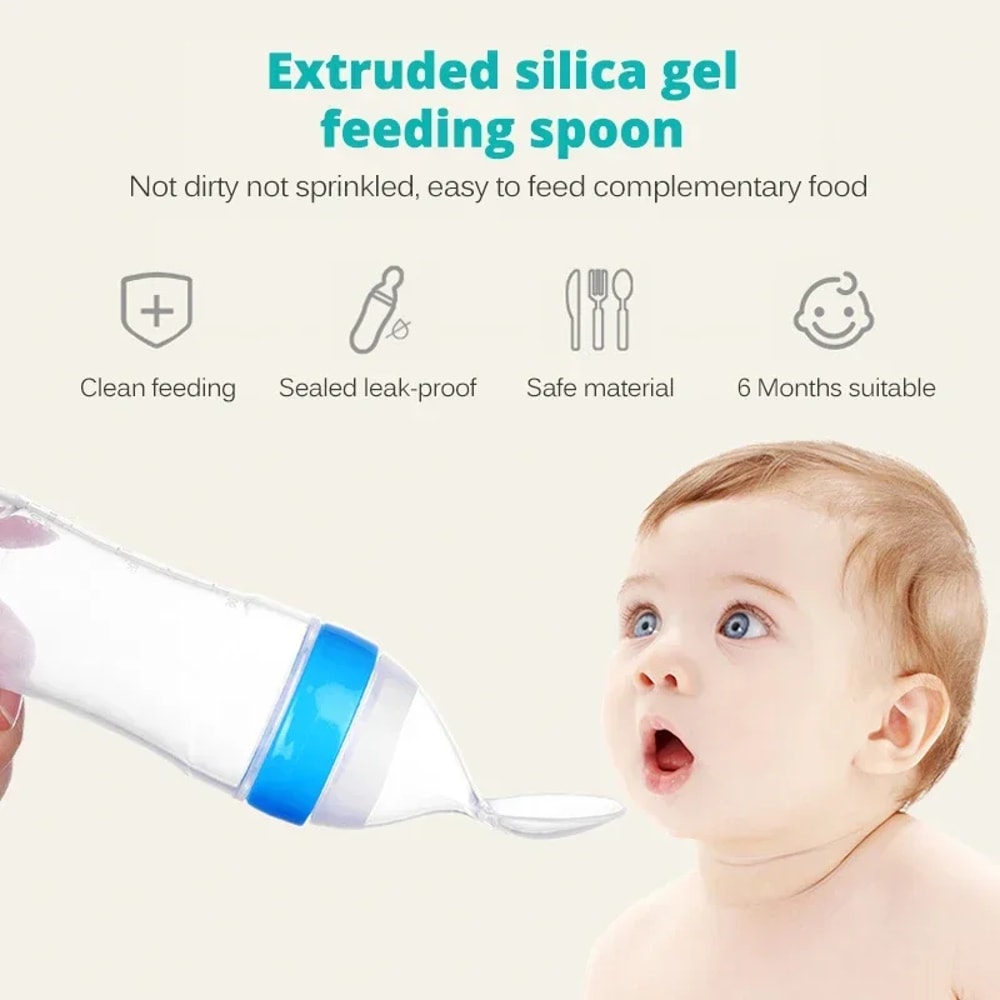 Squeeze Spoon Milk Feeding Bottle Cup Safe Silicone Baby Bottle With Spoon Rice Cereal Food Supplem 2