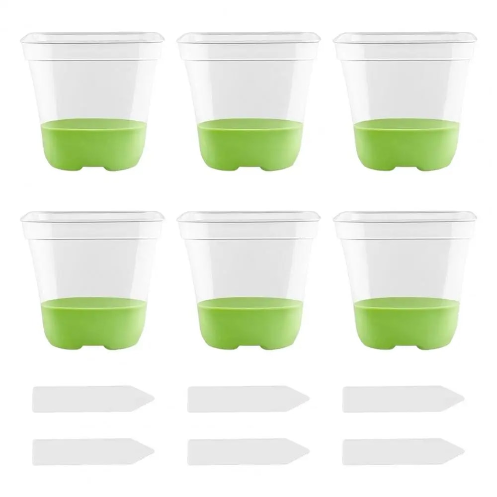 Reusable Transparent Flower Pots, 6 Plastic Square Pots for Planting and Seedling with Silicone Bottom and Label