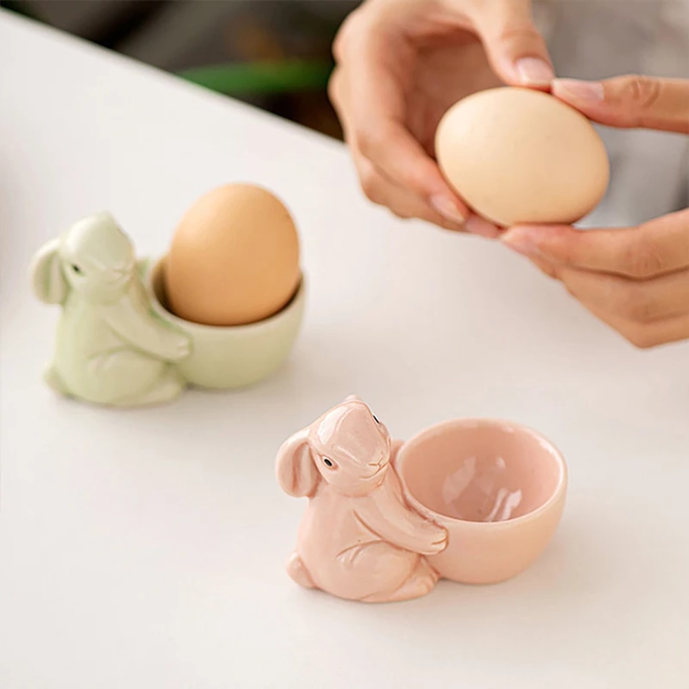 Cute Ceramic Rabbit Egg Cups, Breakfast Egg Holder, Simple Desktop, Office, Living Room Decor Ornament