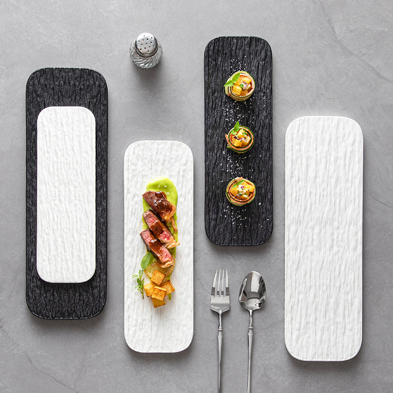 Ceramic Serving Tray For Hotel White And Black Stone Grain Rectangle Flat Sushi Pastry Plate For Re 1