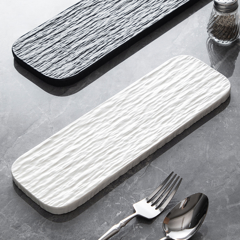 Ceramic Serving Tray For Hotel White And Black Stone Grain Rectangle Flat Sushi Pastry Plate For Re 3