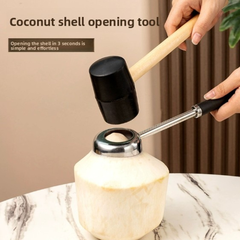 Easy-to-Use Stainless Steel Coconut Opener 3-Piece Set with Rubber Hammer and Scraper for Coconut Chicken, Juice