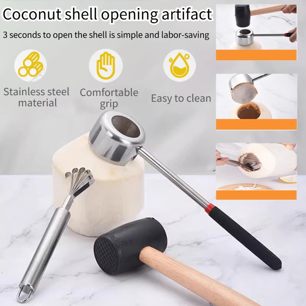 Easy-to-Use Stainless Steel Coconut Opener 3-Piece Set with Rubber Hammer and Scraper for Coconut Chicken, Juice
