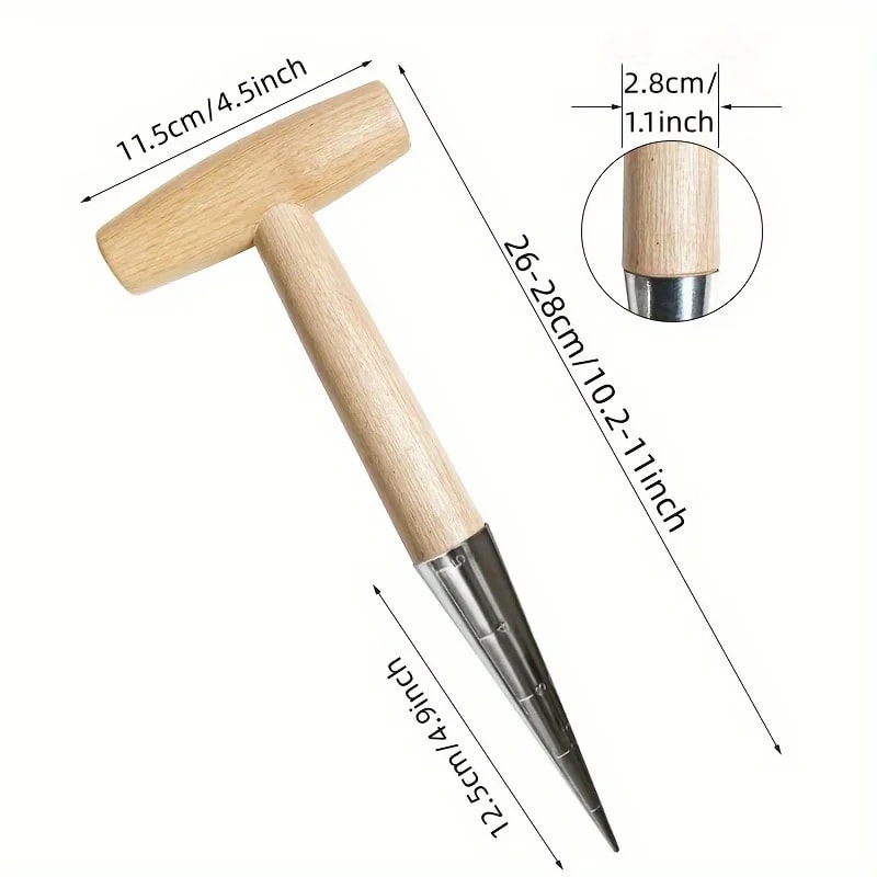 Outdoor Planting Ttype Hole Puncher Seeder Stainless Steel Loosen Soil Tool Wood Handle Dibber For 5