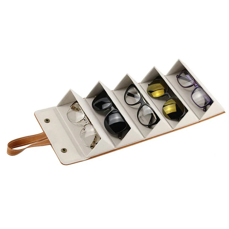 Leather Multi Grid Glasses Case, Folding Hexagonal Anti Pressure Sunglasses Case