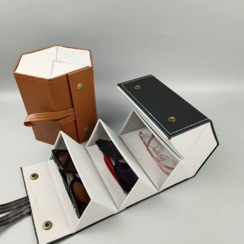 Leather Multi Grid Glasses Case, Folding Hexagonal Anti Pressure Sunglasses Case