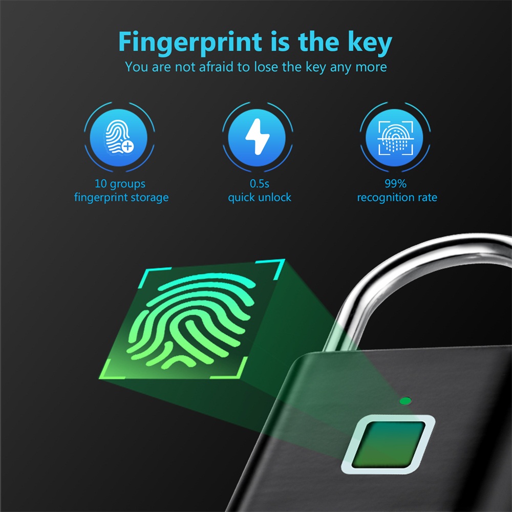 Smart Padlock Waterproof Fingerprint Lock Portable USB Charging Antitheft Zinc 1