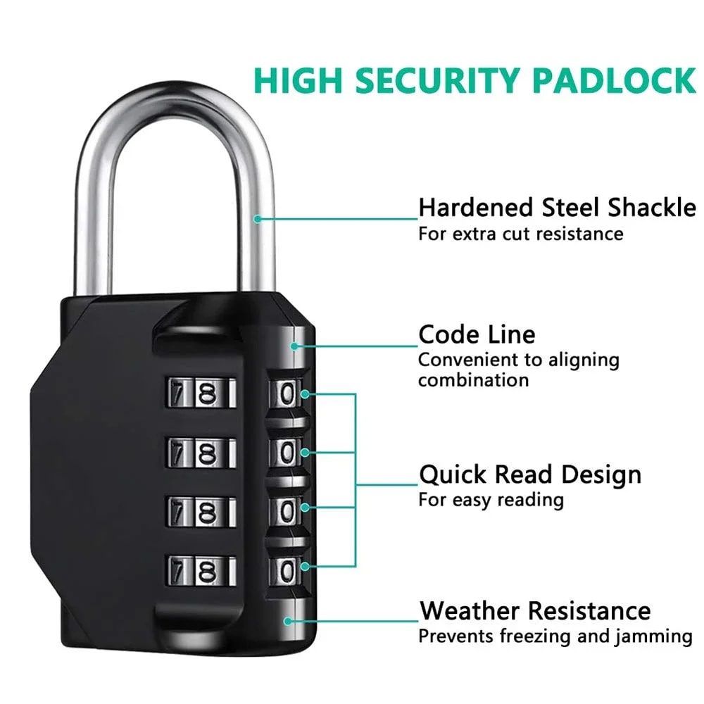 4 Digit Resettable Combination Lock, Heavy Duty Waterproof Padlock for Outdoors