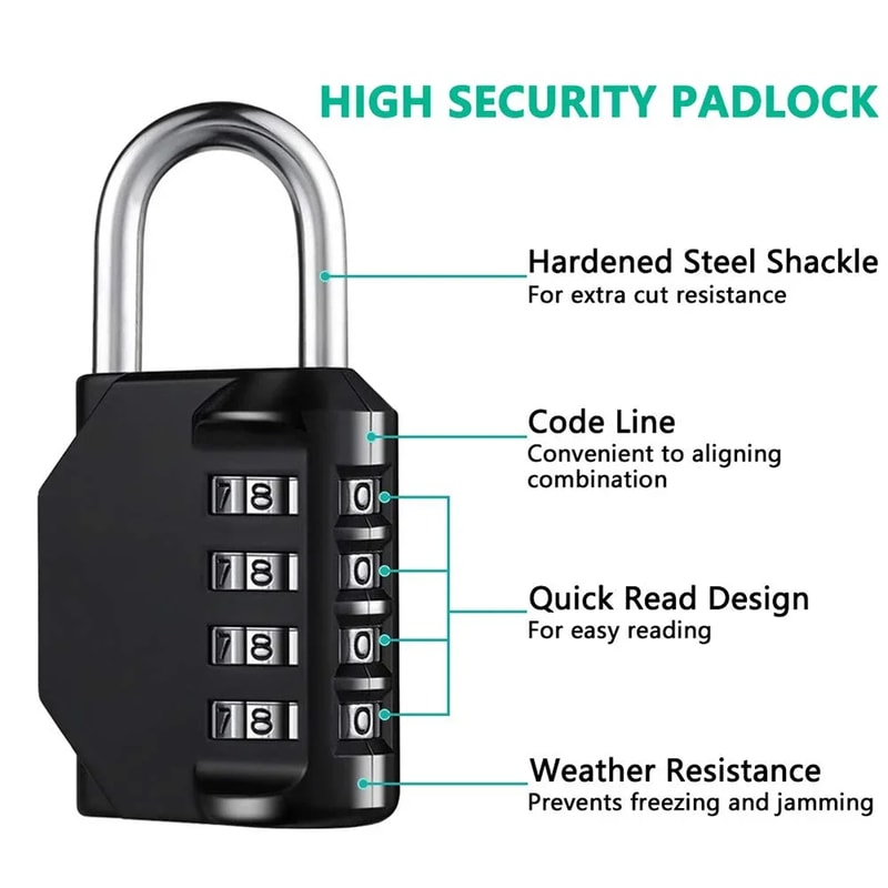 4 Digit Resettable Combination Lock, Heavy Duty Waterproof Padlock for Outdoors