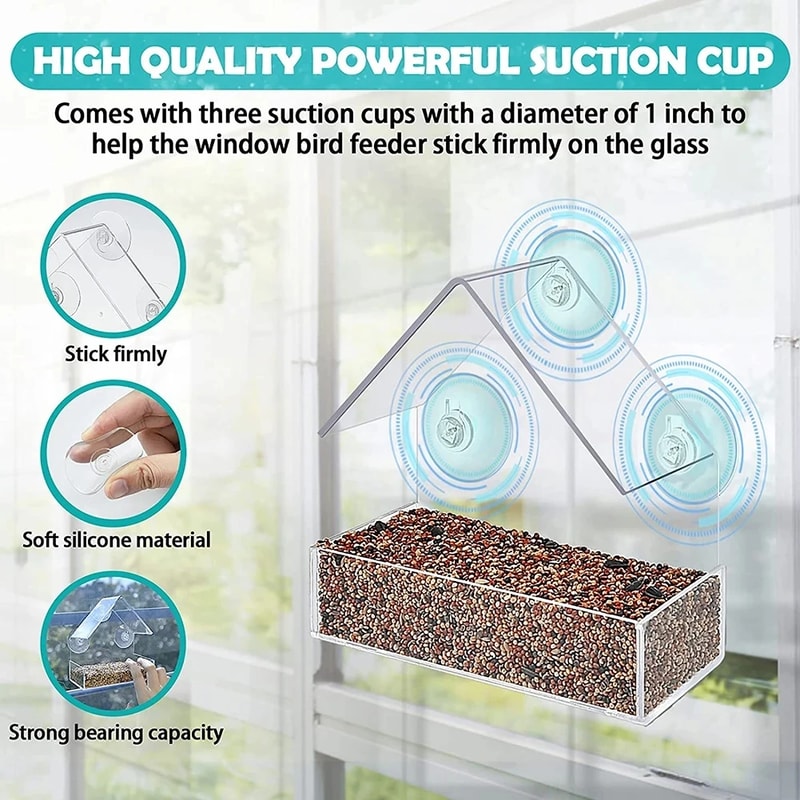 Outdoor Wild Bird Feeder House Transparent Window Sliding Tray With Removable Suction Cups 2
