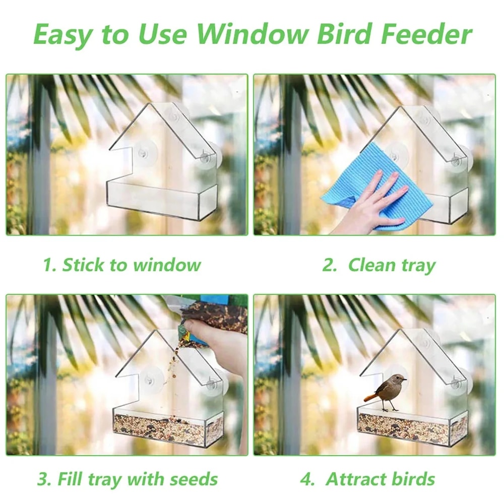 Outdoor Wild Bird Feeder House Transparent Window Sliding Tray With Removable Suction Cups 4