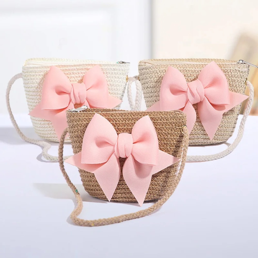 Handmade Woven Crossbody Bag for Baby Girls, Cute Bow Straw Princess Coin Purse