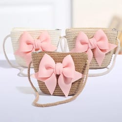 handmade woven crossbody bag for baby girls, cute bow straw princess coin purse